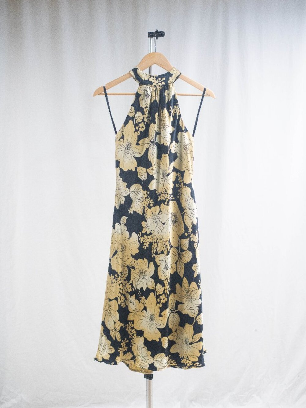 Y2k Black Silk Halter Dress Gold Black Floral Halter Neck Midi Dress